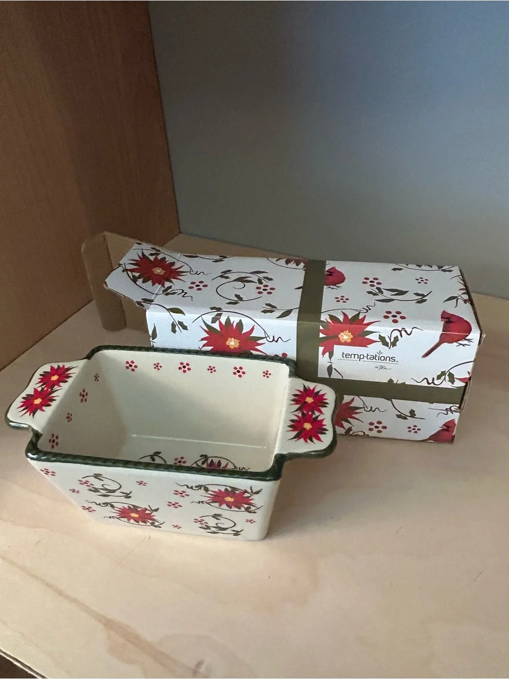Temp-Tations Cream Ceramic Serving Baker with Red Floral and Green Trim